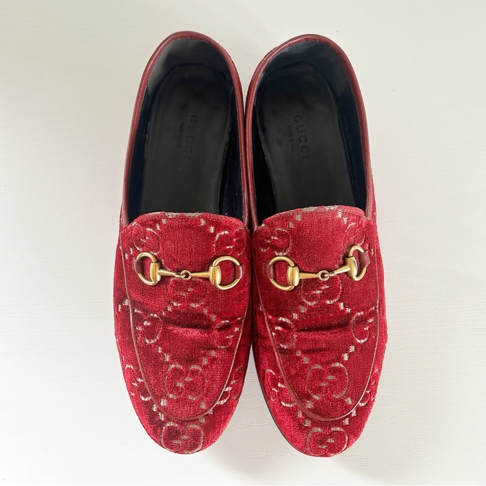 Gucci Jordaan Horsebit Loafers Red GG Velvet EU 36.5 US 6.5 - Picture 4 of 16